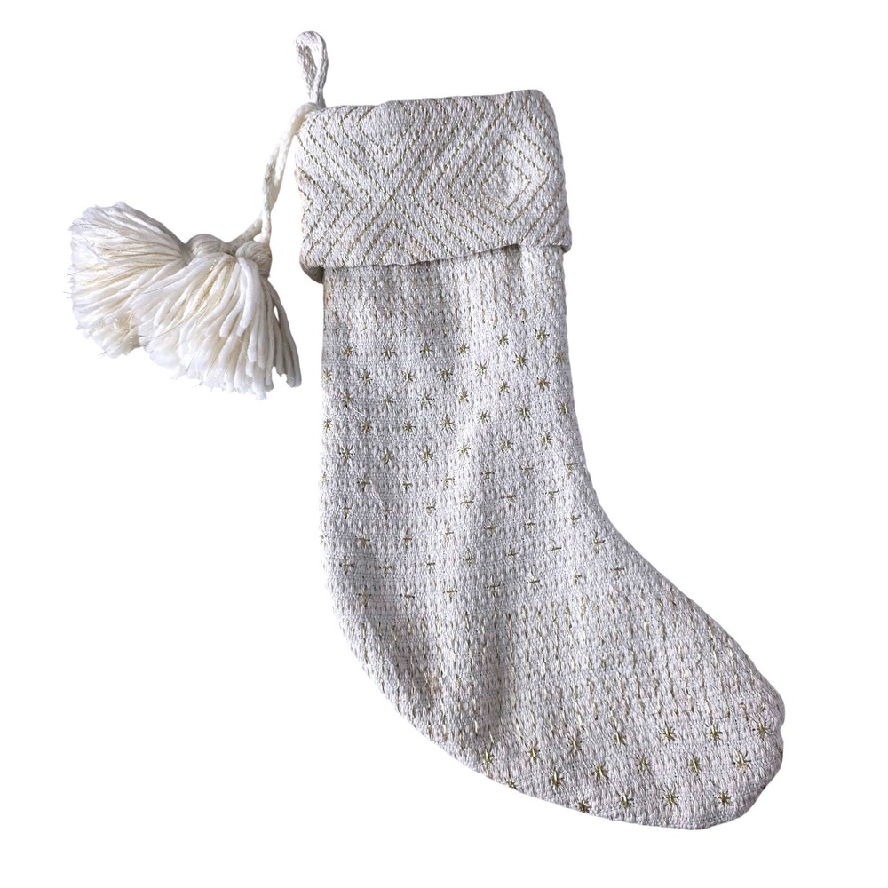 WonderShop Woven White Christmas Stocking Gold Embrdrd Star Tassel Boho Target